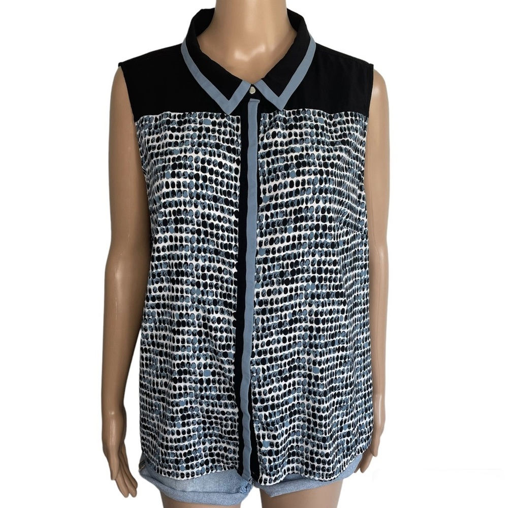 Calvin Klein Black & Blue Polka Dot Collared Sleeveless Button Down Tank Top